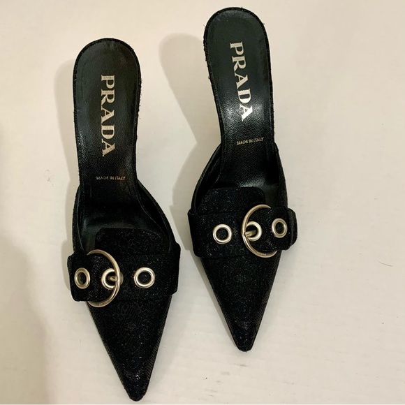 Prada Shoes - PRADA Vintage Black and Silver Iconic Buckle Mule Shoes